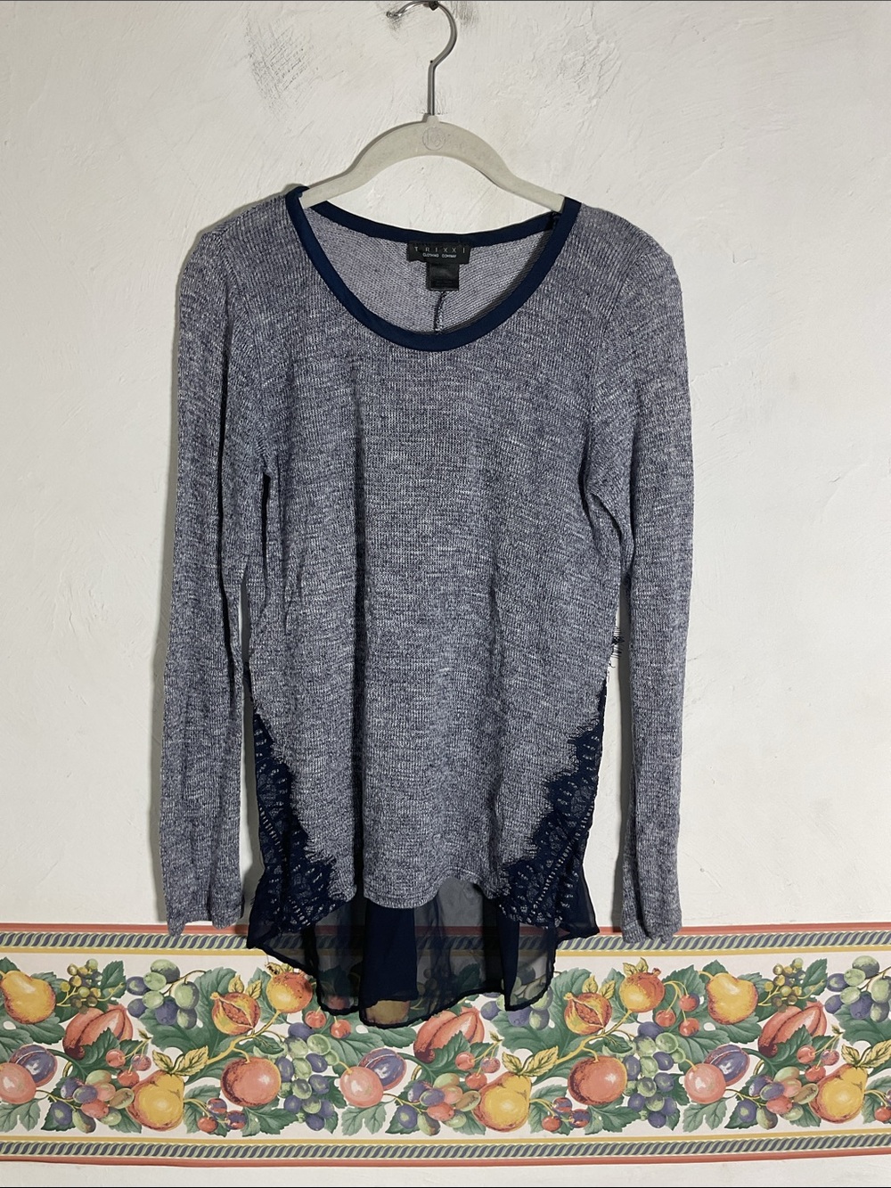 Trixxi Long Sleeve Marled Knit Chiffon Lace Top Size M Navy